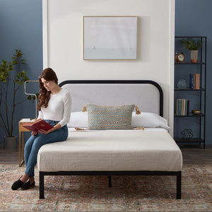 Metal Bed Frame with Rounded Upholstered Headboard, Stone Color